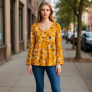 Worthington Woman Tunic Top 1X Yellow Multicolored Florals Slit Flirty Sleeves